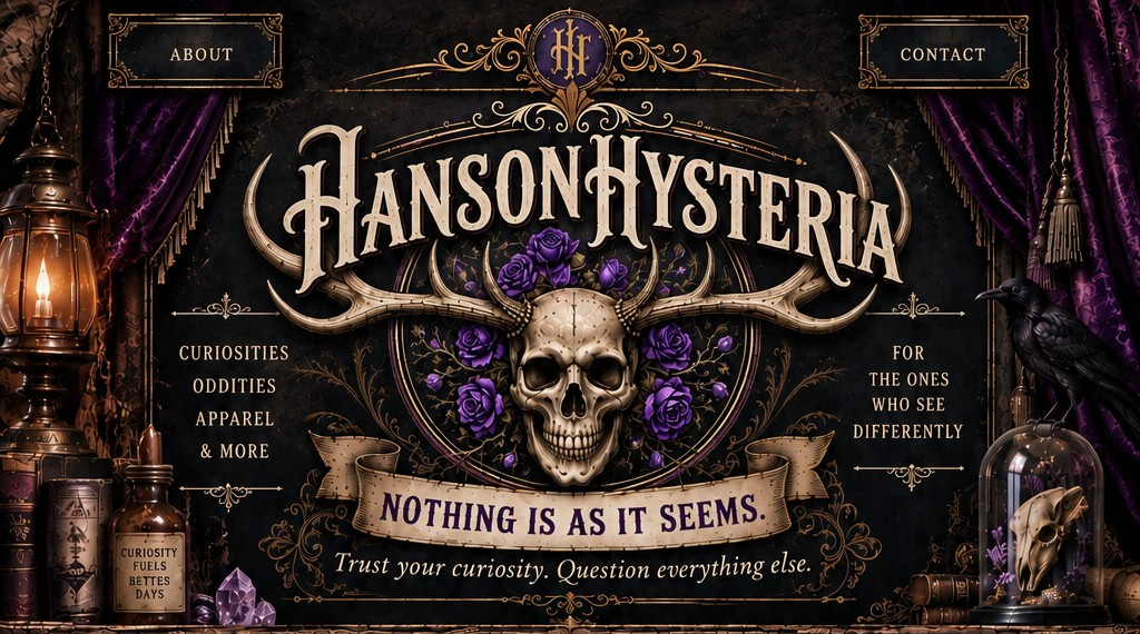 HansonHysteria antlered skull, purple roses, velvet curtains and antique curiosities. Nothing is as it seems.