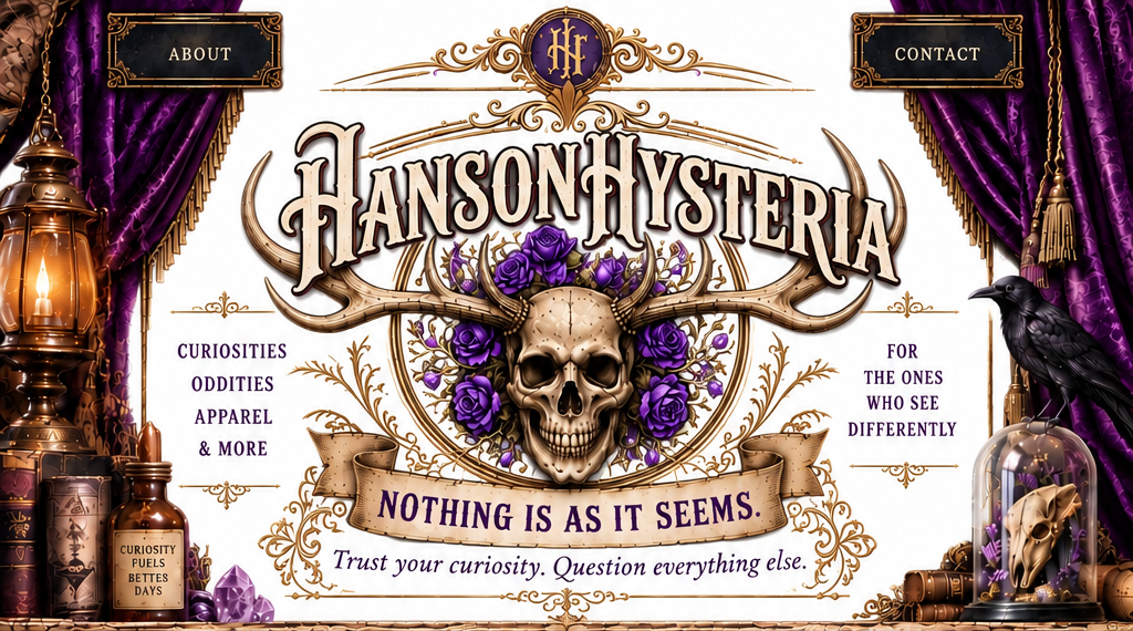 HansonHysteria antlered skull, purple roses, velvet curtains and antique curiosities. Nothing is as it seems.